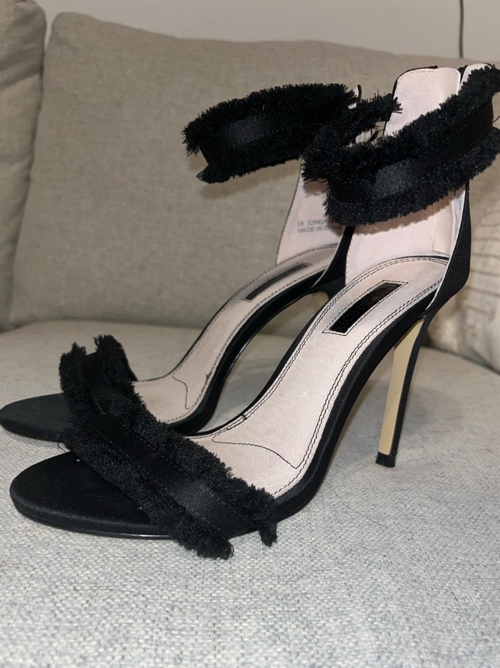 Topshop Black Satin Fringed Ankle-Strap High Heels